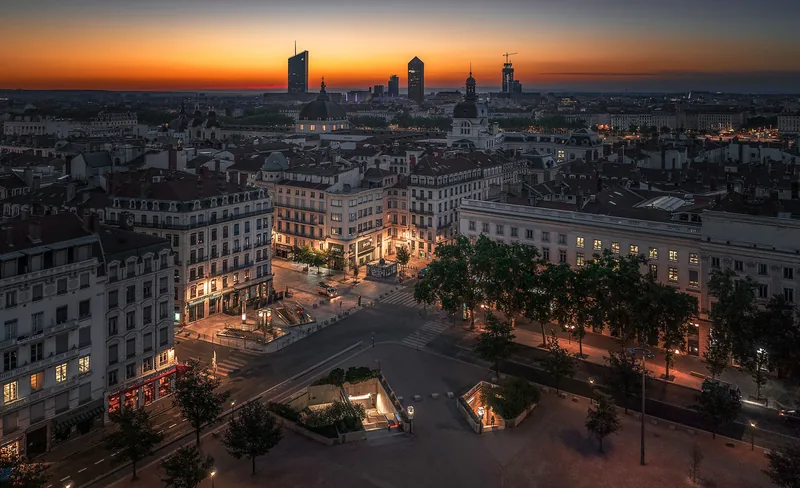 Lyon at dusk seen from the sky, Place Bellecour