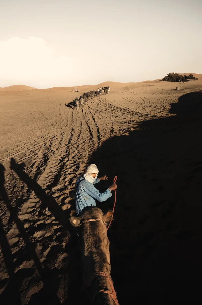 A man and his shadow in the desert dunes