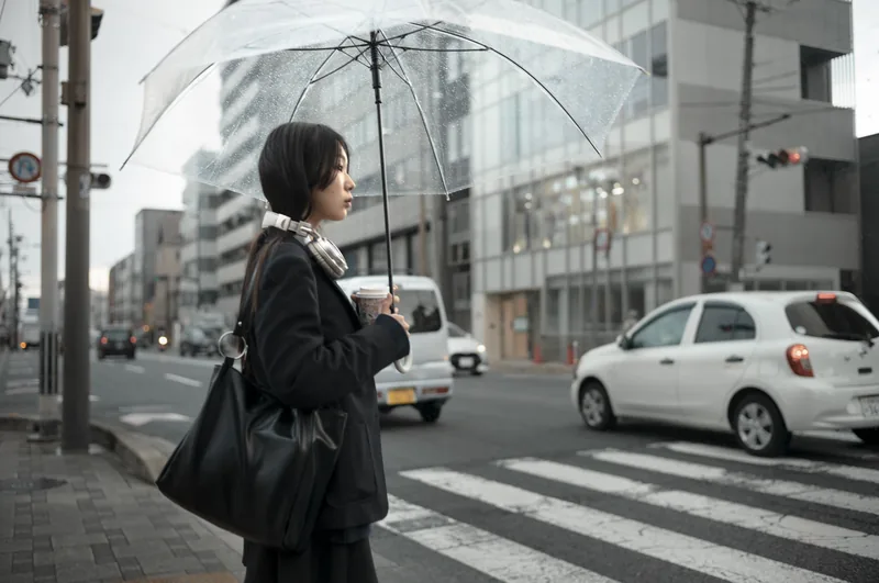 Passer-by under a transparent umbrella at a pedestrian crossing